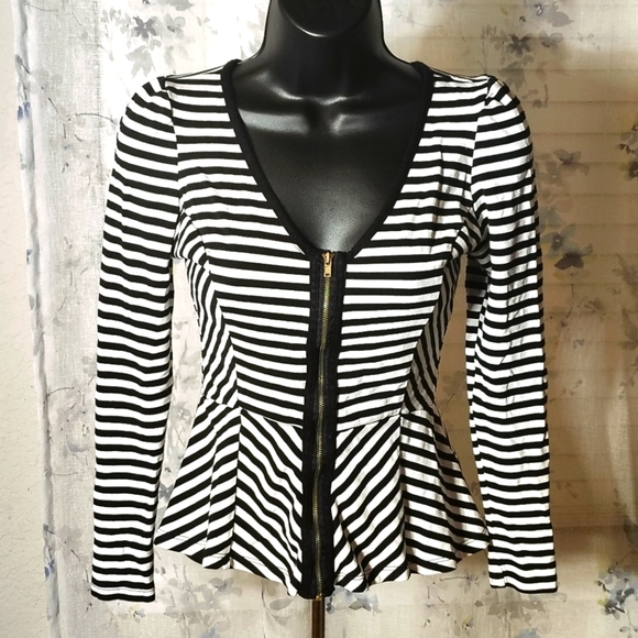 Arden B Monochrome Black/ White Striped Peplum Top - Picture 1 of 6